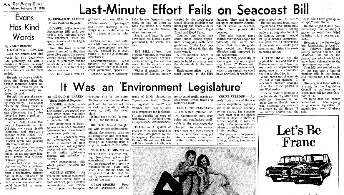 Seattle Daily Times, Feb. 13, 1970 with Ecology stories
